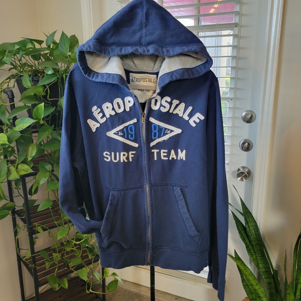 Aeropostale Mens XL Navy Blue Surf Team 1987 Full Zip Hoodie Sweatshirt